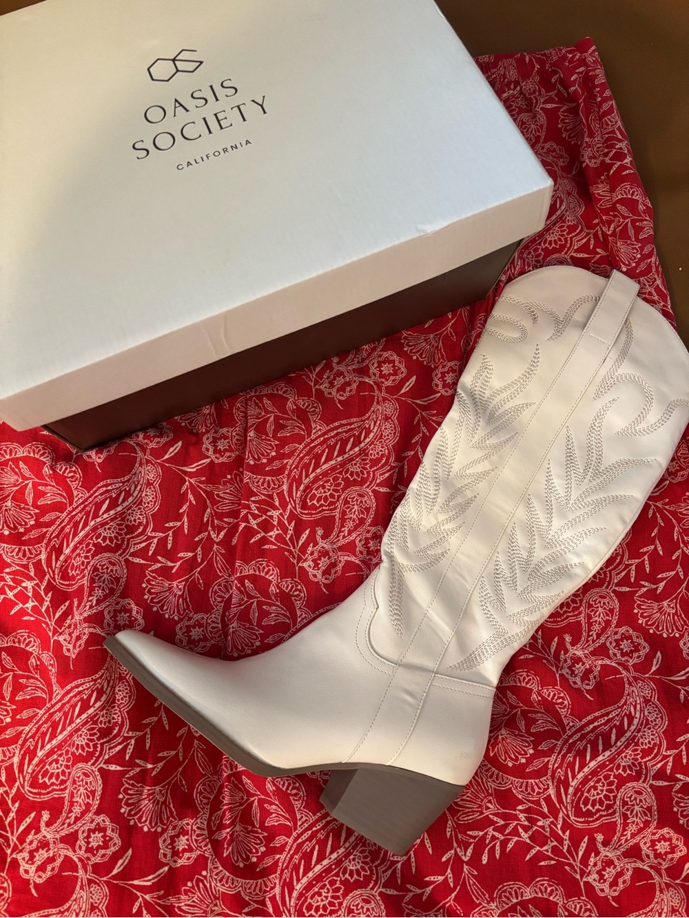 Oasis Society Cream/White Embroidered Western Heeled Boot